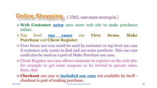 4/21/2020 S. Parsa (www.parsa.iust.ac.ir) 31
Web Customer actor uses some web site to make purchases
online.
Top level use cases are View Items, Make
Purchase and Client Register.
View Items use case could be used by customer as top level use case
if customer only wants to find and see some products. This use case
could also be used as a part of Make Purchase use case.
Client Register use case allows customer to register on the web site,
for example to get some coupons or be invited to private sales.
Note, that
Checkout use case is included use case not available by itself -
checkout is part of making purchase.
 