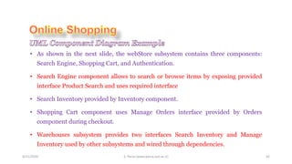 4/21/2020 S. Parsa (www.parsa.iust.ac.ir) 42
• As shown in the next slide, the webStore subsystem contains three components:
Search Engine, Shopping Cart, and Authentication.
• Search Engine component allows to search or browse items by exposing provided
interface Product Search and uses required interface
• Search Inventory provided by Inventory component.
• Shopping Cart component uses Manage Orders interface provided by Orders
component during checkout.
• Warehouses subsystem provides two interfaces Search Inventory and Manage
Inventory used by other subsystems and wired through dependencies.
 