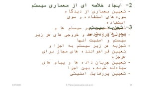 2-‫سيستم‬ ‫معماری‬ ‫از‬ ‫ای‬ ‫خالصه‬ ‫ايجاد‬
59
-‫ديدگاه‬ ‫از‬ ‫معماری‬ ‫تعيين‬
‫سوی‬ ‫و‬ ‫استفاده‬ ‫موردهای‬
‫استفاده‬
-‫و‬ ‫ها‬ ‫سيستم‬ ‫زير‬ ‫تعيين‬ ‫تعيين‬
‫دسترسی‬ ‫مجوزهای‬
3-‫سيستم‬ ‫تجزيه‬
-‫زير‬ ‫هر‬ ‫های‬ ‫خروجی‬ ‫و‬ ‫ها‬ ‫ورودی‬ ‫بررسی‬
‫آنها‬ ‫امنيت‬ ‫و‬ ‫سيستم‬
-‫و‬ ‫اجزا‬ ‫به‬ ‫سيستم‬ ‫زير‬ ‫هر‬ ‫تجزيه‬
‫برای‬ ‫مجاز‬ ‫های‬ ‫فراخواننده‬ ‫تعيين‬
‫هرجزء‬
-‫های‬ ‫پيام‬ ‫و‬ ‫ها‬ ‫داده‬ ‫جريان‬ ‫تعيين‬
‫اجزا‬ ‫بين‬ ‫شونده‬ ‫مبادله‬
-‫امنيتی‬ ‫پروفايل‬ ‫تعيين‬
4/21/2020 S. Parsa (www.parsa.iust.ac.ir)
 