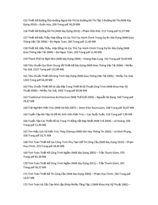 155 Thi t K Đ ng Ôtô-Đ ng Ngoài Đô Th Và Đ ng Đô Th T p 2-Đ ng Đô Th (NXB Xâyế ế ườ ườ ị ườ ị ậ ườ ị
D ng 2010) – Doự ãn Hoa, 209 Trang.pdf 30,29 MB
156 Thi t K Đ ng Đô Th (NXB Xây D ng 2010) – Ph m H u Đ c, 213 Trang.pdf 21,57 MBế ế ườ ị ự ạ ữ ứ
157 Thi t K Đ u Th u H p Đ ng Và Các Th T c Hành Chính Trong D Án Xây D ng (NXB Giaoế ế ấ ầ ợ ồ ủ ụ ự ự
Thông V n T i 2006) – Bùi Ng c Toàn, 283 Trang.pdf 11,40 MBậ ả ọ
158 Thi t K , Đ u Th u, H p Đ ng Và Các Th T c Hành Chính Trong D Án Xây D ng (NXBế ế ấ ầ ợ ồ ủ ụ ự ự
Giao Thông V n T i 2006) – Bùi Ng c Toàn, 283 Trang.pdf 11,40 MBậ ả ọ
159 Thành Ph Và Ngôi Nhà (NXB Xây D ng 2004) – Hoàng Đ o Cung, 152 Trang.pdf 10,69 MBố ự ạ
160 Tiêu Chu n Qui Đ nh Chung V Thi t K Xây D ng (NXB Giao Thông V n T i 2006) – Nhi uẩ ị ề ế ế ự ậ ả ề
Tác Gi , 1537 Trang.pdf 122,89 MBả
161 Tiêu Chu n Thi t K Công Trình Xây D ng (NXB Giao Thông V n T i 2006) – Nhi u Tác Gi ,ẩ ế ế ự ậ ả ề ả
1343 Trang.pdf 64,39 MB
162 Tiêu Chu n Thi t K Và L p Đ t Trang Thi t B K Thu t Công Trình (NXB Khoa H c Kẩ ế ế ắ ặ ế ị ỹ ậ ọ ỹ
Thu t 2006) – Nhi u Tác Gi , 1402 Trang.pdf 69,86 MBậ ề ả
163 Traditional Vietnamese Architecture (NXB Th Gi i 2004) – Nguy n Bá Đang, 160 Trang.pdfế ớ ễ
29,97 MB
164 Tr i Nghi m Ki n Trúc (NXB Hà N i 2007) – Steen Eiler Rasmussen, 268 Trang.pdf 26,07 MBả ệ ế ộ
165 Tuy n T p Bài T p Và Đ Án Sinh Viên Ki n Trúc – Cao Qu c Tu n, 118 Trang.pdf 7,99 MBể ậ ậ ồ ế ố ấ
166 Tuy n T p Các Thi t K Và Trang Trí B ng S t Đ p Nh t (NXB Tr 2004) – Lê Hoàng, 206ể ậ ế ế ằ ắ ẹ ấ ẻ
Trang.pdf 11,40 MB
167 Tìm Hi u L ch S Ki n Trúc Tháp Chămpa (NXB Văn Hóa Thông Tin 2005) – Lê Đình Ph ng,ể ị ử ế ụ
326 Trang.pdf 33,71 MB
168 Tính Toán Thi t K Các Công Trình Ph T m Đ Thi Công C u (NXB Xây D ng 2010) – Ph mế ế ụ ạ ể ầ ự ạ
Huy Chính, 223 Trang.pdf 18,90 MB
169 Tính Toán Thi t K Công Trình Ng m (NXB Xây D ng 2002) – Tr n Thanh Giám, 370ế ế ầ ự ầ
Trang.pdf 82,38 MB
170 Tính Toán Thi t K Công Trình Ng m (NXB Xây D ng 2011) – Tr n Thanh Giám, 367ế ế ầ ự ầ
Trang.pdf 36,57 MB
171 Tính Toán Thi t K Thi Công C u (NXB Xây D ng 2006) – Ph m Huy Chính, 246 Trang.pdfế ế ầ ự ạ
14,07 MB
172 Tính Toán Và C u T o Nhà L p Ghép Nhi u T ng T p 1 (NXB Khoa H c K Thu t 1982) –ấ ạ ắ ề ầ ậ ọ ỹ ậ
 