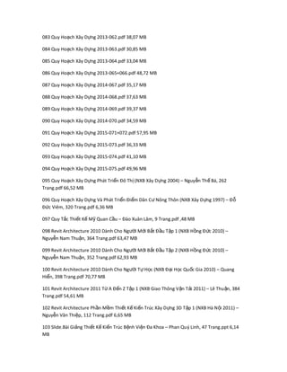 083 Quy Ho ch Xây D ng 2013-062.pdf 38,07 MBạ ự
084 Quy Ho ch Xây D ng 2013-063.pdf 30,85 MBạ ự
085 Quy Ho ch Xây D ng 2013-064.pdf 33,04 MBạ ự
086 Quy Ho ch Xây D ng 2013-065+066.pdf 48,72 MBạ ự
087 Quy Ho ch Xây D ng 2014-067.pdf 35,17 MBạ ự
088 Quy Ho ch Xây D ng 2014-068.pdf 37,63 MBạ ự
089 Quy Ho ch Xây D ng 2014-069.pdf 39,37 MBạ ự
090 Quy Ho ch Xây D ng 2014-070.pdf 34,59 MBạ ự
091 Quy Ho ch Xây D ng 2015-071+072.pdf 57,95 MBạ ự
092 Quy Ho ch Xây D ng 2015-073.pdf 36,33 MBạ ự
093 Quy Ho ch Xây D ng 2015-074.pdf 41,10 MBạ ự
094 Quy Ho ch Xây D ng 2015-075.pdf 49,96 MBạ ự
095 Quy Ho ch Xây D ng Phát Tri n Đô Th (NXB Xây D ng 2004) – Nguy n Th Bá, 262ạ ự ể ị ự ễ ế
Trang.pdf 66,52 MB
096 Quy Ho ch Xây D ng Và Phát Tri n Đi m Dân C Nông Thôn (NXB Xây D ng 1997) – Đạ ự ể ể ư ự ỗ
Đ c Viêm, 320 Trang.pdf 6,36 MBứ
097 Quy T c Thi t K M Quan C u – Đào Xuân Lâm, 9 Trang.pdf ,48 MBắ ế ế ỹ ầ
098 Revit Architecture 2010 Dành Cho Ng i M i B t Đ u T p 1 (NXB H ng Đ c 2010) –ườ ớ ắ ầ ậ ồ ứ
Nguy n Nam Thu n, 364 Trang.pdf 63,47 MBễ ậ
099 Revit Architecture 2010 Dành Cho Ng i M i B t Đ u T p 2 (NXB H ng Đ c 2010) –ườ ớ ắ ầ ậ ồ ứ
Nguy n Nam Thu n, 352 Trang.pdf 62,93 MBễ ậ
100 Revit Architecture 2010 Dành Cho Ng i T H c (NXB Đ i H c Qu c Gia 2010) – Quangườ ự ọ ạ ọ ố
Hi n, 398 Trang.pdf 70,77 MBể
101 Revit Architecture 2011 T A Đ n Z T p 1 (NXB Giao Thông V n T i 2011) – Lê Thu n, 384ừ ế ậ ậ ả ậ
Trang.pdf 54,61 MB
102 Revit Architecture Ph n M m Thi t K Ki n Trúc Xây D ng 3D T p 1 (NXB Hà N i 2011) –ầ ề ế ế ế ự ậ ộ
Nguy n Văn Thi p, 112 Trang.pdf 6,65 MBễ ệ
103 Slide.Bài Gi ng Thi t K Ki n Trúc B nh Vi n Đa Khoa – Phan Quả ế ế ế ệ ệ ý Linh, 47 Trang.ppt 6,14
MB
 