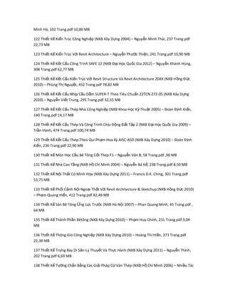 Minh Hà, 102 Trang.pdf 10,80 MB
122 Thi t K Ki n Trúc Công Nghi p (NXB Xây D ng 2004) – Nguy n Minh Thái, 237 Trang.pdfế ế ế ệ ự ễ
22,73 MB
123 Thi t K Ki n Trúc V i Revit Architecture – Nguy n Ph c Thi n, 241 Trang.pdf 10,90 MBế ế ế ớ ễ ướ ệ
124 Thi t K K t C u Công Trế ế ế ấ ình SAFE 12 (NXB Đ i H c Qu c Gia 2012) – Nguy n Khánh Hùng,ạ ọ ố ễ
308 Trang.pdf 62,77 MB
125 Thi t K K t C u Ki n Trúc V i Revit Structure Và Revit Architecture 20XX (NXB H ng Đ cế ế ế ấ ế ớ ồ ứ
2010) – Phùng Th Nguy t, 452 Trang.pdf 78,82 MBị ệ
126 Thi t K K t C u Nh p C u D m SUPER-T Theo Tiêu Chu n 22TCN 272-05 (NXB Xây D ngế ế ế ấ ị ầ ầ ẩ ự
2010) – Nguy n Vi t Trung, 295 Trang.pdf 32,55 MBễ ế
127 Thi t K K t C u Thép Nhà Công Nghi p (NXB Khoa H c K Thu t 2005) – Đoàn Đ nh Ki n,ế ế ế ấ ệ ọ ỹ ậ ị ế
140 Trang.pdf 14,17 MB
128 Thi t K K t C u Thép Và Công Trình Ch u Đ ng Đ t T p 2 (NXB Đ i H c Qu c Gia 2009) –ế ế ế ấ ị ộ ấ ậ ạ ọ ố
Tr n Hành, 474 Trang.pdf 100,74 MBầ
129 Thi t K K t C u Thép-Theo Qui Ph m Hoa Kỳ AISC-ASD (NXB Xây D ng 2010) – Đoàn Đ nhế ế ế ấ ạ ự ị
Ki n, 236 Trang.pdf 22,90 MBế
130 Thi t K Môn H c C u Bê Tông C t Thép F1 – Nguy n Văn B, 58 Trang.pdf ,96 MBế ế ọ ầ ố ễ
131 Thi t K Nhà Cao T ng (NXB H Chí Minh 2004) – Nguy n Bá K , 238 Trang.pdf 8,50 MBế ế ầ ồ ễ ế
132 Thi t K N i Th t Có Minh H a (NXB Xây D ng 2011) – Francis D.K. Ching, 301 Trang.pdfế ế ộ ấ ọ ự
53,75 MB
133 Thi t K Ph i C nh N i Ngo i Th t V i Revit Architecture & Sketchup (NXB H ng Đ c 2010)ế ế ố ả ộ ạ ấ ớ ồ ứ
– Ph m Quang Hi n, 412 Trang.pdf 82,48 MBạ ể
134 Thi t K Sàn Bê Tông ng L c Trế ế Ứ ự c (NXB Hà N i 2007) – Phan Quang Minh, 45 Trang.pdf ,ướ ộ
64 MB
135 Thi t K Thành Ph n Bêtông (NXB Xây D ng 2010) – Ph m Huy Chính, 231 Trang.pdf 9,04ế ế ầ ự ạ
MB
136 Thi t K Thông Gió Công Nghi p (NXB Xây D ng 2010) – Hoàng Th Hi n, 373 Trang.pdfế ế ệ ự ị ề
22,38 MB
137 Thi t K Tr ng Bày Di S n-Lế ế ư ả ý Thuy t Và Th c Hành (NXB Xây D ng 2011) – Nguy n Th nh,ế ự ự ễ ị
202 Trang.pdf 6,69 MB
138 Thi t K Tế ế ng Ch n B ng Các Gi i Pháp C Ván Thép (NXB H Chí Minh 2006) – Nhi u Tácườ ắ ằ ả ừ ồ ề
 