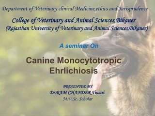 Department of Veterinary clinical Medicine,ethics and Jurisprudence
College of Veterinary and Animal Sciences,Bikaner
(Rajasthan University of Veterinary and Animal Sciences,Bikaner)
A seminar On
Canine Monocytotropic
Ehrlichiosis
PRESENTED BY
Dr.RAM CHANDER Tiwari
M.V.Sc. Scholar
 