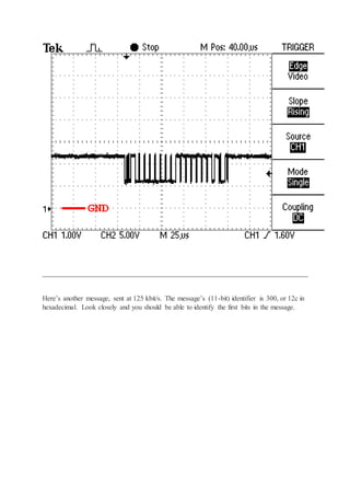 Here’s another message, sent at 125 kbit/s. The message’s (11-bit) identifier is 300, or 12c in
hexadecimal. Look closely and you should be able to identify the first bits in the message.
 