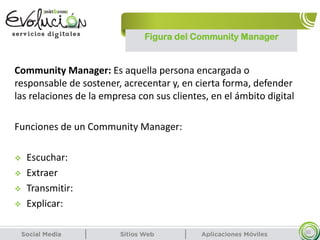 Figura del Community Manager
30
Community Manager: Es aquella persona encargada o
responsable de sostener, acrecentar y, en cierta forma, defender
las relaciones de la empresa con sus clientes, en el ámbito digital
Funciones de un Community Manager:
 Escuchar:
 Extraer
 Transmitir:
 Explicar:
 