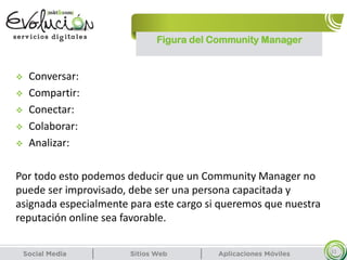 Figura del Community Manager
31
 Conversar:
 Compartir:
 Conectar:
 Colaborar:
 Analizar:
Por todo esto podemos deducir que un Community Manager no
puede ser improvisado, debe ser una persona capacitada y
asignada especialmente para este cargo si queremos que nuestra
reputación online sea favorable.
 