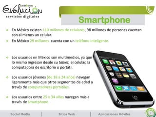 Smartphone
 Los usuarios en México son multimedios, ya que
lo mismo ingresan desde su tablet, el celular, la
computadora de escritorio o portátil.
 Los usuarios jóvenes (de 18 a 24 años) navegan
ligeramente más que otros segmentos de edad a
través de computadoras portátiles.
 Los usuarios entre 25 y 34 años navegan más a
través de smartphone.
5
 En México existen 110 millones de celulares, 98 millones de personas cuentan
con al menos un celular.
 En México 29 millones cuenta con un teléfono inteligente.
 