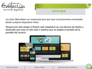 SITIO WEB
41
Los sitios Web deben ser responsive para que sean correctamente visualizados
desde cualquier dispositivo móvil.
Responsive web design ó Diseño web adaptativo es una técnica de diseño y
desarrollo que crea un sitio web o sistema que se adapta al tamaño de la
pantalla del usuario.
 