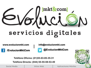 www.evolucionmkt.com info@evolucionmkt.com
/EvolucionMktCom @EvolucionMktCom
Teléfono Oficina: (01)55-63-85-35-31
Teléfono Directo: (044) 55-55-08-53-49
 
