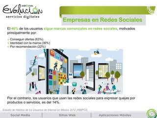 Empresas en Redes Sociales
7
El 46% de los usuarios sigue marcas comerciales en redes sociales, motivados
principalmente por:
 Conseguir ofertas (63%)
 Identidad con la marca (36%)
 Por recomendación (22%)
Por el contrario, los usuarios que usan las redes sociales para expresar quejas por
productos o servicios, es del 14%.
Estudio de Hábitos de los Usuarios de Internet en México 2012 (AMIPCI)
 