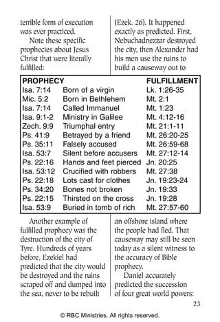 terrible form of execution        (Ezek. 26). It happened
was ever practiced.               exactly as predicted. First,
    Note these specific           Nebuchadnezzar destroyed
prophecies about Jesus            the city, then Alexander had
Christ that were literally        his men use the ruins to
fulfilled:                        build a causeway out to
PROPHECY                                      FULFILLMENT
Isa. 7:14  Born of a virgin                   Lk. 1:26-35
Mic. 5:2   Born in Bethlehem                  Mt. 2:1
Isa. 7:14  Called Immanuel                    Mt. 1:23
Isa. 9:1-2 Ministry in Galilee                Mt. 4:12-16
Zech. 9:9 Triumphal entry                     Mt. 21:1-11
Ps. 41:9   Betrayed by a friend               Mt. 26:20-25
Ps. 35:11 Falsely accused                     Mt. 26:59-68
Isa. 53:7  Silent before accusers             Mt. 27:12-14
Ps. 22:16 Hands and feet pierced              Jn. 20:25
Isa. 53:12 Crucified with robbers             Mt. 27:38
Ps. 22:18 Lots cast for clothes               Jn. 19:23-24
Ps. 34:20 Bones not broken                    Jn. 19:33
Ps. 22:15 Thirsted on the cross               Jn. 19:28
Isa. 53:9  Buried in tomb of rich             Mt. 27:57-60
    Another example of            an offshore island where
fulfilled prophecy was the        the people had fled. That
destruction of the city of        causeway may still be seen
Tyre. Hundreds of years           today as a silent witness to
before, Ezekiel had               the accuracy of Bible
predicted that the city would     prophecy.
be destroyed and the ruins            Daniel accurately
scraped off and dumped into       predicted the succession
the sea, never to be rebuilt      of four great world powers:
                                                             23
              © RBC Ministries. All rights reserved.
 