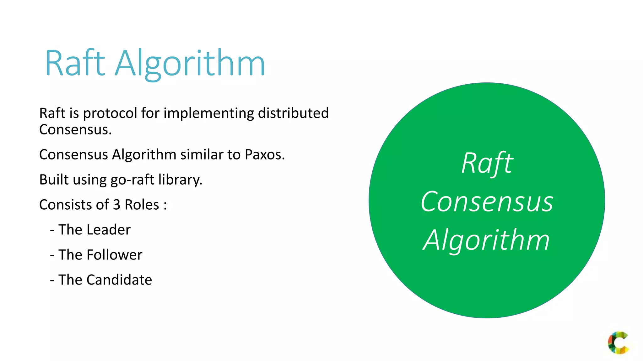 Raft Algorithm
Raft is protocol for implementing distributed
Consensus.
Consensus Algorithm similar to Paxos.
Built using go-raft library.
Consists of 3 Roles :
- The Leader
- The Follower
- The Candidate
Raft
Consensus
Algorithm
 