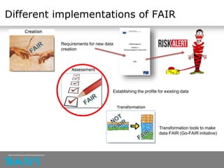Different implementations of FAIR
Requirements for new data
creation
Establishing the profile for existing data
Transformation tools to make
data FAIR (Go-FAIR initiative)
 