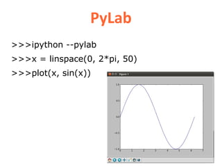 PyLab
>>>ipython --pylab
>>>x = linspace(0, 2*pi, 50)
>>>plot(x, sin(x))
 