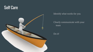 Self Care
Identify what works for you
Clearly communicate with your
team
Do it!
 