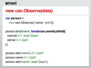new can.Observe(data)
var person =
  new can.Observe({ name: 'josh'});

person.bind('name‟, function(ev,newVal,oldVal){
  newVal //-> 'Josh Dean'
  oldVal //-> 'josh'
});

person.attr('name') //-> 'josh'
person.name //-> 'josh'
person.attr('name','Josh Dean‟);
 