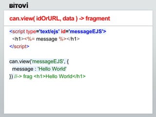 can.view( idOrURL, data ) -> fragment

<script type='text/ejs' id='messageEJS'>
 <h1><%= message %></h1>
</script>

can.view('messageEJS', {
  message : 'Hello World'
}) //-> frag <h1>Hello World</h1>
 