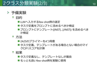 Copyright © 2020 調和系工学研究室 - 北海道大学 大学院情報科学研究院 情報理工学部門 複合情報工学分野 – All rights reserved.
予備実験
目的
LLMへ入力するfew-shot例の選定
タスク定義をプロンプトに含めるべきか検証
プロンプトにテンプレート([INST]...[/INST]) を含めるべき
か検証
方法
2A2Sのプライマーを4つ用意
タスク定義、テンプレートがある場合とない場合のマイ
クロF1スコアを計算
結果
タスク定義なし、テンプレートなしが最良
もっとも良いfew-shot例を実験に使用
2クラス分類実験(2/3) 10
 