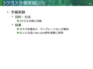 Copyright © 2020 調和系工学研究室 - 北海道大学 大学院情報科学研究院 情報理工学部門 複合情報工学分野 – All rights reserved.
予備実験
目的・方法
2クラス分類と同様
結果
タスク定義あり、テンプレートなしが最良
もっとも良いfew-shot例を実験に使用
3クラス分類実験(2/3) 13
 