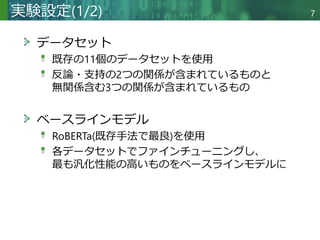 Copyright © 2020 調和系工学研究室 - 北海道大学 大学院情報科学研究院 情報理工学部門 複合情報工学分野 – All rights reserved.
データセット
既存の11個のデータセットを使用
反論・支持の2つの関係が含まれているものと
無関係含む3つの関係が含まれているもの
ベースラインモデル
RoBERTa(既存手法で最良)を使用
各データセットでファインチューニングし、
最も汎化性能の高いものをベースラインモデルに
実験設定(1/2) 7
 