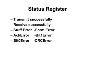 Status Register
– Transmit successfully
– Receive successfully
– Stuff Error -Form Error
– AckError -Bit1Error
– Bit0Error -CRCError
 