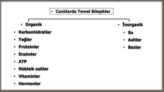• Organik
• Canlılarda Temel Bileşikler
• İnorganik
• Karbonhidratlar
• Yağlar
• Proteinler
• Enzimler
• ATP
• Nükleik asitler
• Vitaminler
• Hormonlar
• Su
• Asitler
• Bazlar
 