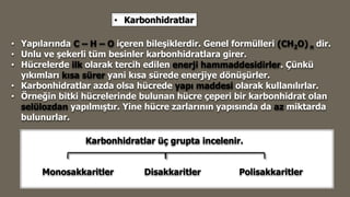 • Yapılarında C – H – O içeren bileşiklerdir. Genel formülleri (CH2O) n dir.
• Unlu ve şekerli tüm besinler karbonhidratlara girer.
• Hücrelerde ilk olarak tercih edilen enerji hammaddesidirler. Çünkü
yıkımları kısa sürer yani kısa sürede enerjiye dönüşürler.
• Karbonhidratlar azda olsa hücrede yapı maddesi olarak kullanılırlar.
• Örneğin bitki hücrelerinde bulunan hücre çeperi bir karbonhidrat olan
selülozdan yapılmıştır. Yine hücre zarlarının yapısında da az miktarda
bulunurlar.
• Karbonhidratlar
Karbonhidratlar üç grupta incelenir.
Monosakkaritler Disakkaritler Polisakkaritler
 