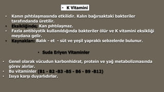 • K Vitamini
• Kanın pıhtılaşmasında etkilidir. Kalın bağırsaktaki bakteriler
tarafındanda üretilir.
• Eksikliğinde; Kan pıhtılaşmaz.
• Fazla antibiyotik kullanıldığında bakteriler ölür ve K vitamini eksikliği
meydana gelir.
• Kaynakları: Balık - et - süt ve yeşil yapraklı sebzelerde bulunur.
• Suda Eriyen Vitaminler
• Genel olarak vücudun karbonhidrat, protein ve yağ metabolizmasında
görev alırlar.
• Bu vitaminler (B1 - B2 -B3 -B5 - B6 - B9 -B12)
• Isıya karşı duyarlıdırlar.
 