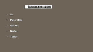 • Su
• Mineraller
• Asitler
• Bazlar
• Tuzlar
• İnorganik Bileşikler
 