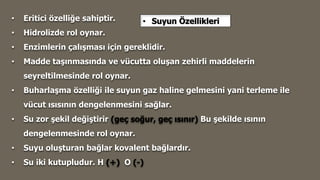 • Eritici özelliğe sahiptir.
• Hidrolizde rol oynar.
• Enzimlerin çalışması için gereklidir.
• Madde taşınmasında ve vücutta oluşan zehirli maddelerin
seyreltilmesinde rol oynar.
• Buharlaşma özelliği ile suyun gaz haline gelmesini yani terleme ile
vücut ısısının dengelenmesini sağlar.
• Su zor şekil değiştirir (geç soğur, geç ısınır) Bu şekilde ısının
dengelenmesinde rol oynar.
• Suyu oluşturan bağlar kovalent bağlardır.
• Su iki kutupludur. H (+) O (-)
• Suyun Özellikleri
 