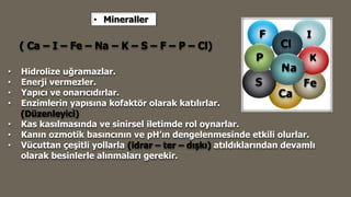 • Mineraller
• Hidrolize uğramazlar.
• Enerji vermezler.
• Yapıcı ve onarıcıdırlar.
• Enzimlerin yapısına kofaktör olarak katılırlar.
(Düzenleyici)
• Kas kasılmasında ve sinirsel iletimde rol oynarlar.
• Kanın ozmotik basıncının ve pH’ın dengelenmesinde etkili olurlar.
• Vücuttan çeşitli yollarla (idrar – ter – dışkı) atıldıklarından devamlı
olarak besinlerle alınmaları gerekir.
( Ca – I – Fe – Na – K – S – F – P – Cl)
 