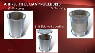 Team "2" 33
(9) Flanging (10) Seaming
(11) Sidewall beading
A THREE-PIECE CAN PROCEDURES
 
