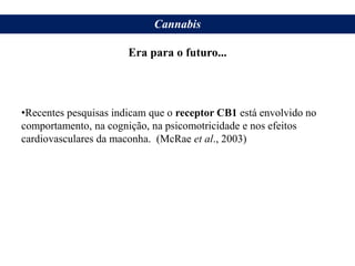 Era para o futuro...
•Recentes pesquisas indicam que o receptor CB1 está envolvido no
comportamento, na cognição, na psicomotricidade e nos efeitos
cardiovasculares da maconha. (McRae et al., 2003)
Cannabis
Era para o futuro...
 