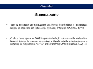 • Tem se mostrado um bloqueador dos efeitos psicológicos e fisiológicos
agudos da maconha em voluntários humanos (Moreira & Crippa, 2009)
• O alerta desde agosto de 2007 é a provável relação entre o uso da medicação e
desenvolvimento de sintomas depressivos e ideação suicida, culminando com a
suspensão do mercado pela ANVISA em novembro de 2008 (Moreira et al., 2013)
Cannabis
Rimonabanto
 