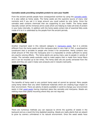 Cannabis seeds providing complete protein to care your health

From the ancient periods people have consequential nutrition by using the cannabis seeds.
It is also called as hemp seeds. The hemp seeds are the supreme source of many vital
nutrients and if you eat it in large amount you could subsist by only hemp. Since the
cannabis seed contains chemicals that are supporting to your health. The hemp seeds
naturally contain all the immense amino acids which are helping to make all kinds of protein
in your body internally. In addition with the hemp seeds contain lots of essential fatty acids
inside of it so it is celebrated by the people from the ancient periods.




Another important seed in this relevant category is marijuana seeds. But it is entirely
different from the hemp seeds and the marijuana plant is very high in THC, a psychoactive
constituent that is enviable to people who smoke it for amusement. Hemp contains very
small amount of THC than the marijuana and it is impossible to smoke sufficient to sense
any psyche varying effects. The hemp plants are giving many uses to people in variety of
modes. The cannabis seeds australia used to make papers that is made from hemp fibers
and it can be recycled up to ten times. The hemp seed oils are purely extracted from the
seeds and they are used in body care products and in industry lubricants.




The benefits of hemp seed is very portent hemp seed oil cannot be ignored. Many people
using hemp rather than any other traditional materials which are creating huge impact on
their environment. There are plenty of plants available in world to change your environment
easily in that weed seeds having important place like cannabis and marijuana. Weeds are
nothing more than plants mounting where they are not required.




There are numerous methods you can espouse to shrink the quantity of weeds in the
backyard and as a result the time depleted weeding. Weeds are really plants that are absent
to grow by scenery unhindered in its natural environment. Once the weed seeds have
 