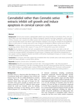 RESEARCH ARTICLE Open Access
Cannabidiol rather than Cannabis sativa
extracts inhibit cell growth and induce
apoptosis in cervical cancer cells
Sindiswa T. Lukhele and Lesetja R. Motadi*
Abstract
Background: Cervical cancer remains a global health related issue among females of Sub-Saharan Africa, with over
half a million new cases reported each year. Different therapeutic regimens have been suggested in various regions
of Africa, however, over a quarter of a million women die of cervical cancer, annually. This makes it the most lethal
cancer amongst black women and calls for urgent therapeutic strategies. In this study we compare the anti-proliferative
effects of crude extract of Cannabis sativa and its main compound cannabidiol on different cervical cancer cell lines.
Methods: To achieve our aim, phytochemical screening, MTT assay, cell growth analysis, flow cytometry,
morphology analysis, Western blot, caspase 3/7 assay, and ATP measurement assay were conducted.
Results: Results obtained indicate that both cannabidiol and Cannabis sativa extracts were able to halt cell
proliferation in all cell lines at varying concentrations. They further revealed that apoptosis was induced by cannabidiol
as shown by increased subG0/G1 and apoptosis through annexin V. Apoptosis was confirmed by overexpression of
p53, caspase 3 and bax. Apoptosis induction was further confirmed by morphological changes, an increase in Caspase
3/7 and a decrease in the ATP levels.
Conclusions: In conclusion, these data suggest that cannabidiol rather than Cannabis sativa crude extracts prevent cell
growth and induce cell death in cervical cancer cell lines.
Keywords: Apoptosis, Cervical cancer, Cannabidiol, Cannabis sativa
Abbreviations: Bad, Bcl-2-associated death promoter; Bak-1, Bcl2-antagonist/killer 1; Bax, Bcl2-associated X
protein; Bcl-2, B-cell lymphoma 2; BH, Bcl-2 homology domain; Bid, BH3 interacting-domain; Bik, Bcl-2-interacting
killer; DMEM, Dulbecco’s modified eagle’s medium; DMSO, Dimethyl sulfoxide; FITC, Fluorescein isothiocyanate;
P53, protein 53; HPLC, High Perfomance Liquid Chromatography; RBBP6, Retinoblastoma binding protein 6
Background
Cannabis sativa is a dioecious plant that belongs to the
Cannabaceae family and it originates from Central and
Eastern Asia [11, 28]. It is widely distributed in countries
including Morocco, South Africa, United States of
America, Brazil, India, and parts of Europe [14, 28].
Cannabis sativa grows annually in tropical and warm
regions around the world [11]. Different ethnic groups
around the world use Cannabis sativa for smoking,
preparing concoctions to treat diseases, and for various
cultural purposes [17]. According to [28], it is composed
of chemical constituents including cannabinoids,
nitrogenous compounds, flavonoid glycosides, steroids,
terpenes, hydrocarbons, non-cannabinoid phenols,
vitamins, amino acids, proteins, sugars and other related
compounds. Cannabinoids are a family of naturally occur-
ring compounds highly abundant in Cannabis sativa plant
[1, 6, 14, 24]. Screening of Cannabis sativa has led to
isolation of at least 66 types of cannabinoid compounds
[1, 14, 30]. These compounds are almost structurally simi-
lar or possess identical pharmacological activities and offer
various potential applications including the ability to
inhibit cell growth, proliferation and inflammation [22].
One such compound is cannabidiol (CBD), which is
among the top three most widely studied compounds,
* Correspondence: lesetja.motadi@nwu.ac.za
Department of Biochemistry, North-west University (Mafikeng campus),
Private Bag X1290, Potchefstroom 2520, South Africa
© 2016 The Author(s). Open Access This article is distributed under the terms of the Creative Commons Attribution 4.0
International License (http://creativecommons.org/licenses/by/4.0/), which permits unrestricted use, distribution, and
reproduction in any medium, provided you give appropriate credit to the original author(s) and the source, provide a link to
the Creative Commons license, and indicate if changes were made. The Creative Commons Public Domain Dedication waiver
(http://creativecommons.org/publicdomain/zero/1.0/) applies to the data made available in this article, unless otherwise stated.
Lukhele and Motadi BMC Complementary and Alternative Medicine (2016) 16:335
DOI 10.1186/s12906-016-1280-0
 