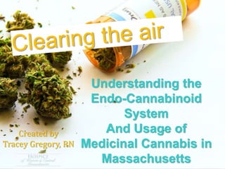 Understanding the
Endo-Cannabinoid
System
And Usage of
Medicinal Cannabis in
Massachusetts
Created by
Tracey Gregory, RN
 