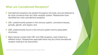 What are Cannabinoid Receptors? 
 
! Cannabinoid receptors are present throughout the body, and are believed to
be more numerous than any other receptor system. Researchers have
identified two main cannabinoid receptors: 

! CB1, predominantly present in the nervous system, connective tissues,
gonads, glands, and organs; and 

! CB2, predominantly found in the immune system and its associated
structures.

! Many tissues contain both CB1 and CB2 receptors, each linked to a
different action. Researchers speculate there may be a third cannabinoid
receptor waiting to be discovered. 
Leslie Reyes, BA, RN American Cannabis Nurses Association copyright 2014. All rights reserved.
 