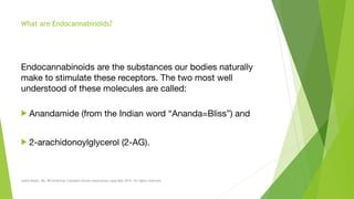 What are Endocannabinoids? 
 
 
Endocannabinoids are the substances our bodies naturally
make to stimulate these receptors. The two most well
understood of these molecules are called: 
! Anandamide (from the Indian word “Ananda=Bliss”) and

! 2-arachidonoylglycerol (2-AG).
Leslie Reyes, BA, RN American Cannabis Nurses Association copyright 2014. All rights reserved.
 