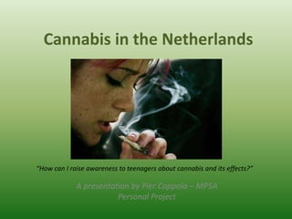 Cannabis in the Netherlands




“How can I raise awareness to teenagers about cannabis and its effects?”

             A presentation by Pier Coppola – MP5A
                        Personal Project
 