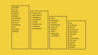 The
workbook
has cell
formulas to
make for an
easy edit
and
customizatio
n for your
specific
business
venture
The plan
has the
industry
research
already
completed
for you as
well as a
marketing
and
branding
strategy
Power point
pitch deck is
available as
an extra for
a quick
investor and
corporate
presentation
Excel
workbook
that has
profit & loss,
cash and
balance
sheet
statements
is available
MORE INFORMATION AND PRODUCT
REVIEWS AT: Cannabis Marijuana Edibles
Business Plan
 