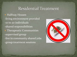 Halfway Houses-living environment provided-10 to 20 individuals-shared responsibilitiesTherapeutic Communities-supervised group-live in community shared jobs-group treatment sessionsResidential Treatment