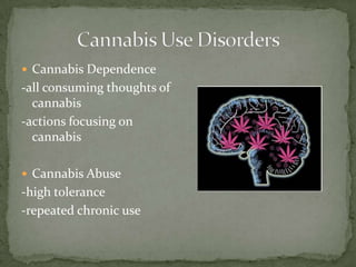 Cannabis Use DisordersCannabis Dependence-all consuming thoughts of cannabis-actions focusing on cannabisCannabis Abuse-high tolerance-repeated chronic use