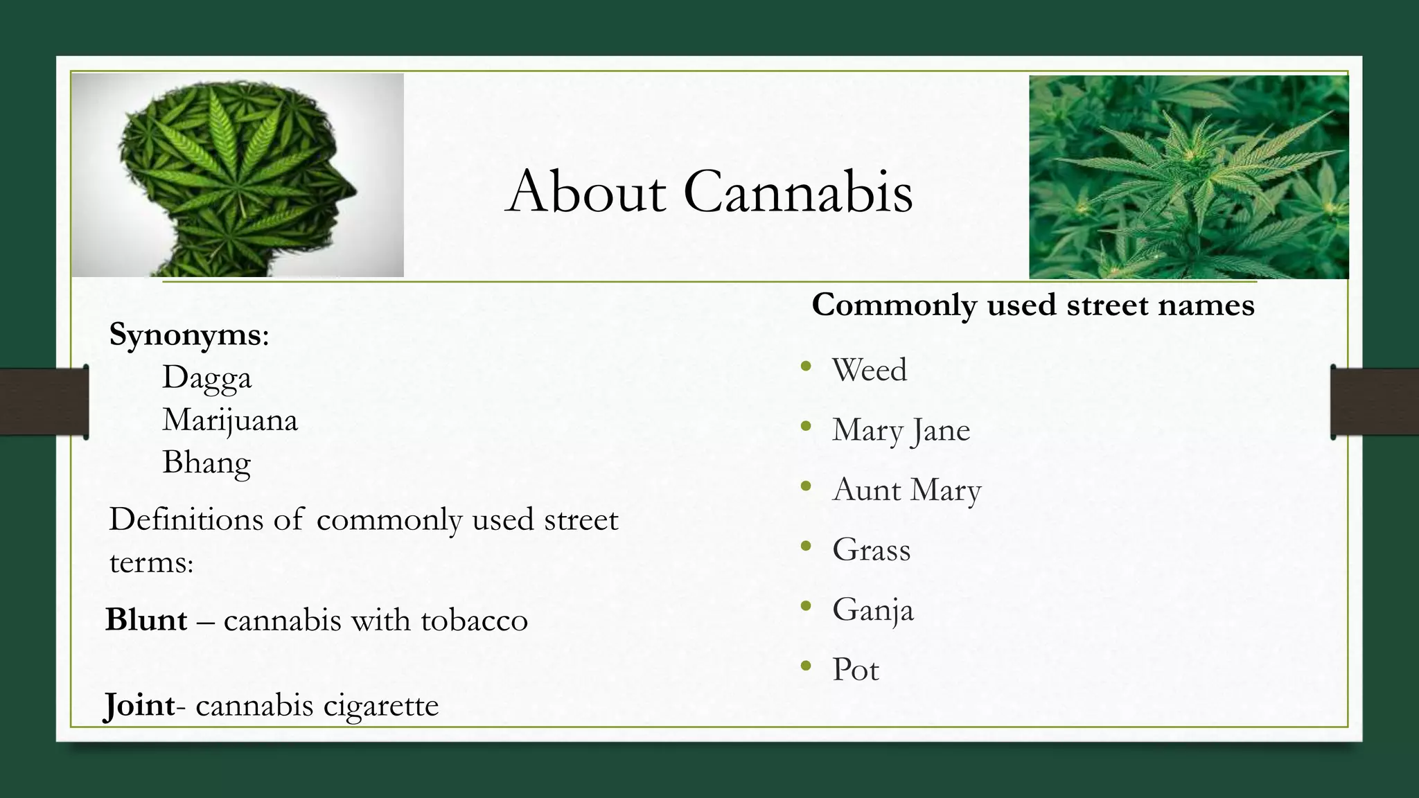 About Cannabis
Definitions of commonly used street
terms:
Blunt – cannabis with tobacco
Joint- cannabis cigarette
Commonly used street names
• Weed
• Mary Jane
• Aunt Mary
• Grass
• Ganja
• Pot
Synonyms:
Dagga
Marijuana
Bhang
 