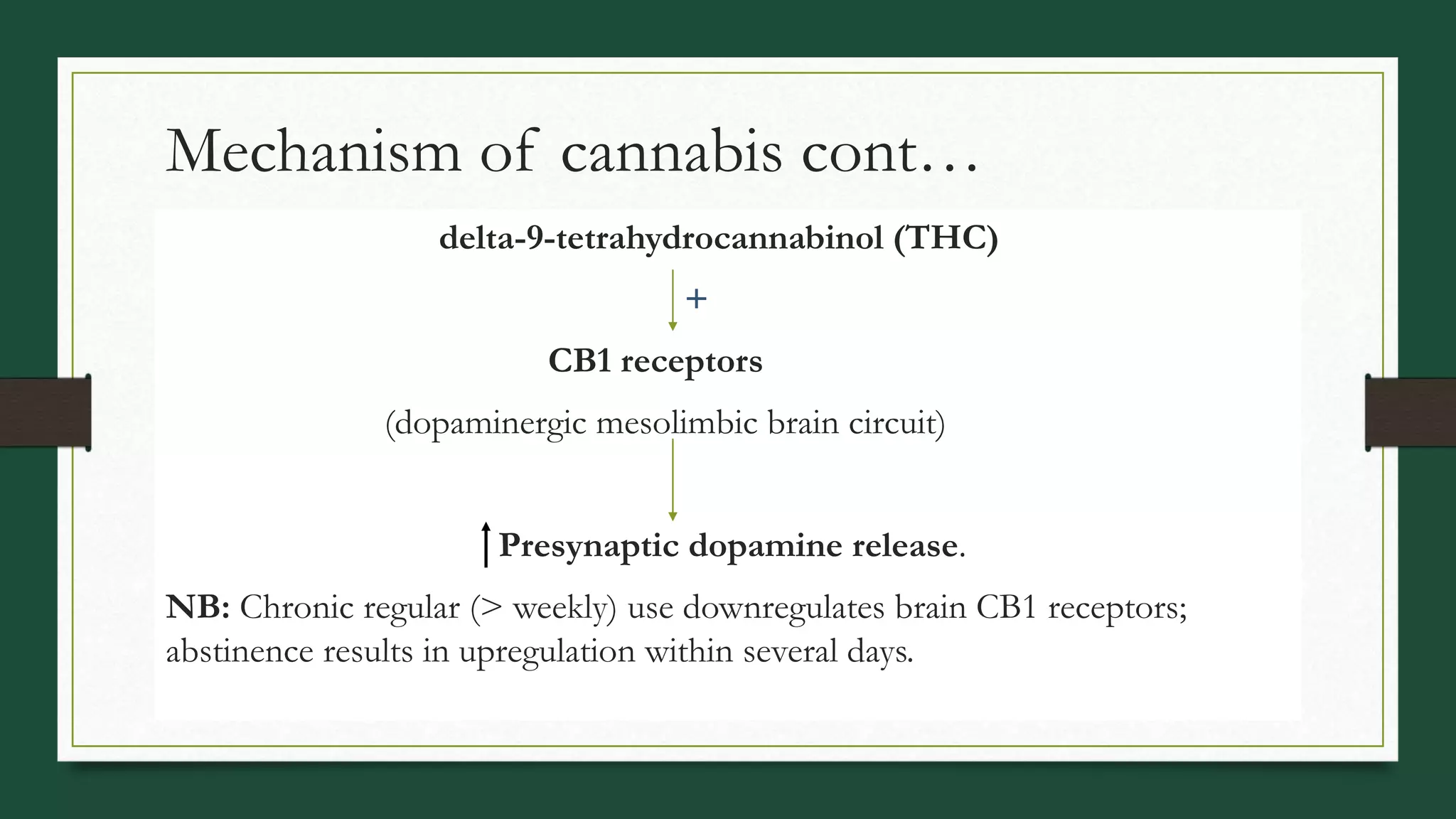 Mechanism of cannabis cont…
delta-9-tetrahydrocannabinol (THC)
+
CB1 receptors
(dopaminergic mesolimbic brain circuit)
Presynaptic dopamine release.
NB: Chronic regular (> weekly) use downregulates brain CB1 receptors;
abstinence results in upregulation within several days.
 