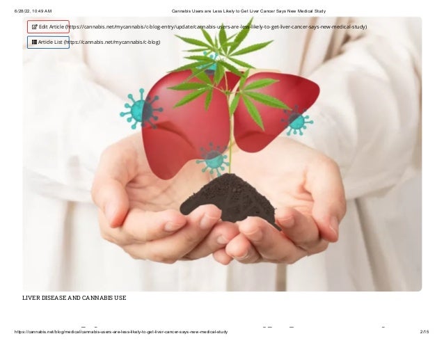 6/28/22, 10:49 AM Cannabis Users are Less Likely to Get Liver Cancer Says New Medical Study
https://cannabis.net/blog/medical/cannabis-users-are-less-likely-to-get-liver-cancer-says-new-medical-study 2/15
LIVER DISEASE AND CANNABIS USE
bi ik l i
 Edit Article (https://cannabis.net/mycannabis/c-blog-entry/update/cannabis-users-are-less-likely-to-get-liver-cancer-says-new-medical-study)
 Article List (https://cannabis.net/mycannabis/c-blog)
 