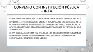 CONVENIO CON INSTITUCIÓN PÚBLICA
- INTA
• CONVENIO DE COOPERACIÓN TÉCNICA Y CIENTÍFICA ENTRE CANNACOR Y EL INTA.
• LEY 27350 ( 2017) INVESTIGACIÓN MÉDICA Y CIENTÍFICA DEL USO MEDICINAL DE LA
PLANTA DE CANNABIS Y SUS DERIVADOS, ESTABLECE EL MARCO REGULATORIO Y
APUNTA A FOMENTAR EL DESARROLLO DE INVESTIGACIONES EN TORNO A SU USO
TERAPÉUTICO
• EL ART 60 UBICA AL CONICET Y AL INTA COMO LOS DOS ORGANISMOS FACULTADOS
PARA GARANTIZAR EL APROVISONAMIENTO NECESARIO DE CANNABIS PARA
INVESTIGACIÓN CIENTÍFICA O USO MÉDICO
 