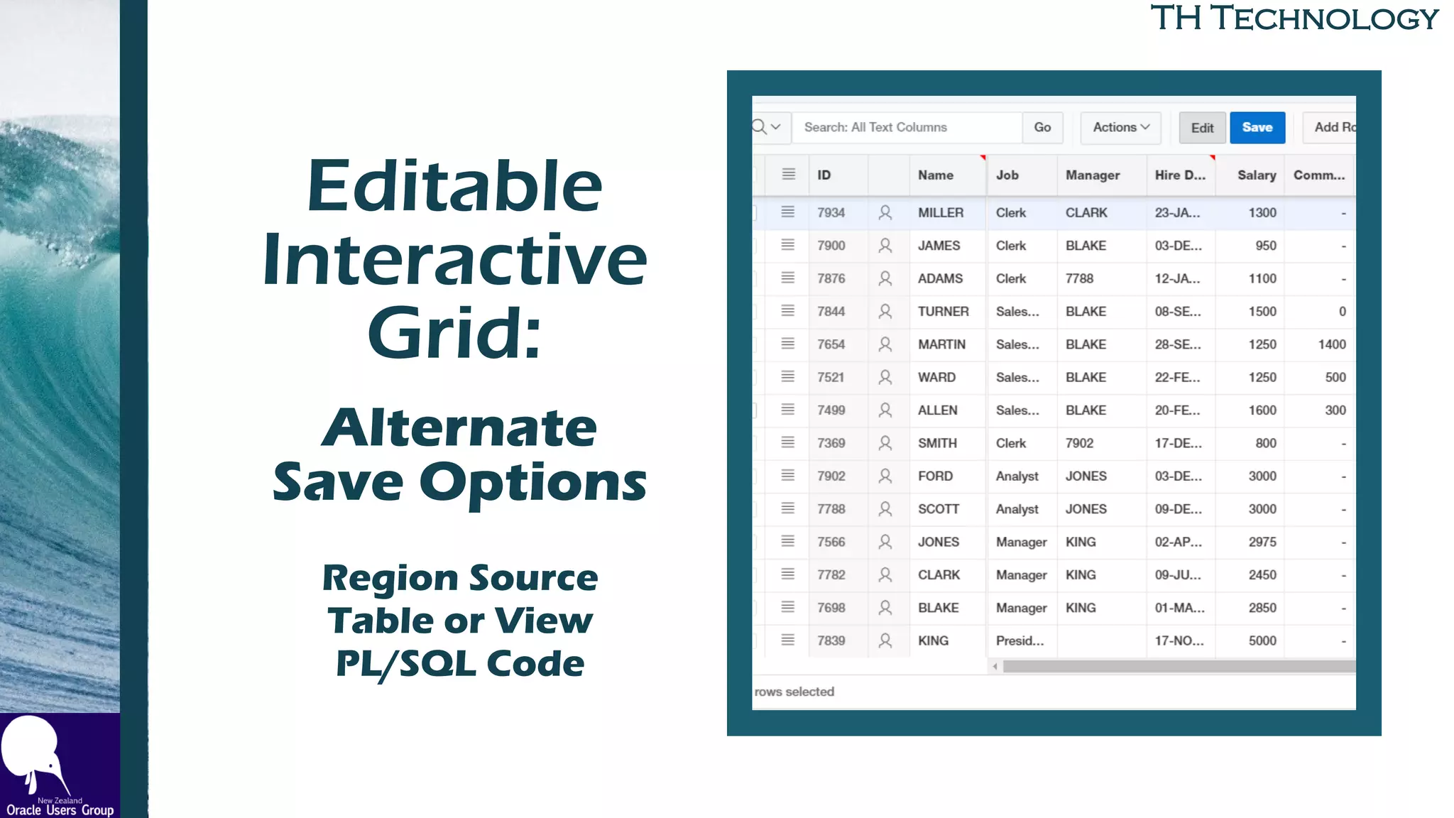 TH Technology
Editable
Interactive
Grid:
to BuildAlternate
Save Options
Region Source
Table or View
PL/SQL Code
 