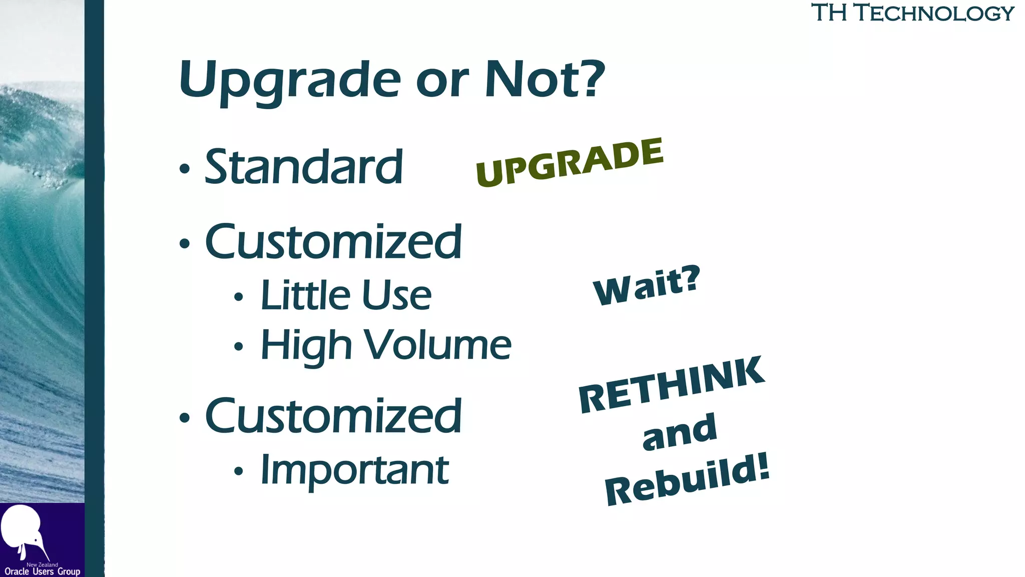 TH TechnologyTH Technology
Upgrade or Not?
• Standard
• Customized
• Little Use
• High Volume
• Customized
• Important
 