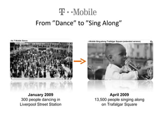 From ”Dance” to ”Sing Along” January 2009 300 people dancing in Liverpool Street Station April 2009 13,500 people singing along on Trafalgar Square 
